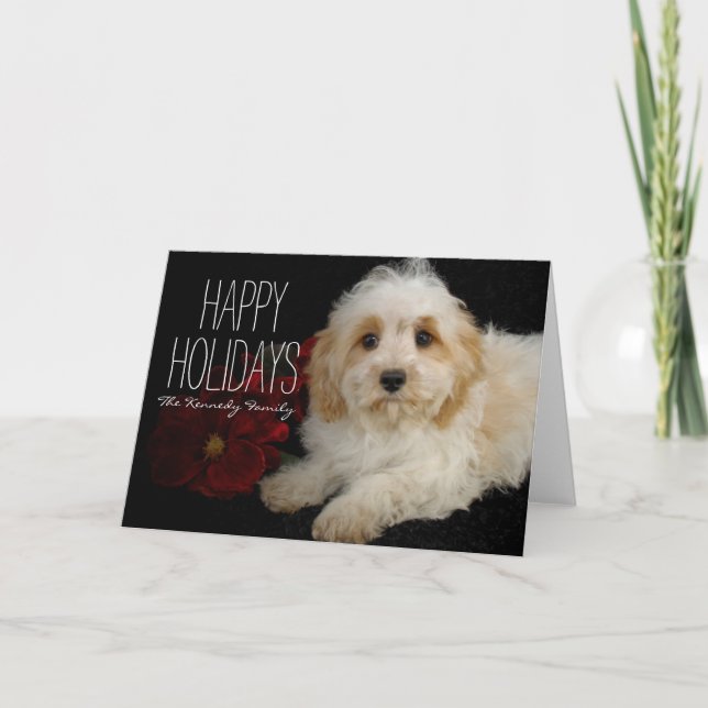 Chrirstmas Cavachon puppy Holiday Card (Front)