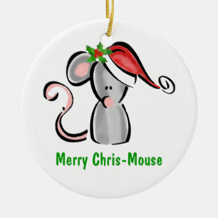Chris Mouse with Santa Hat & Holly Ceramic Tree Decoration