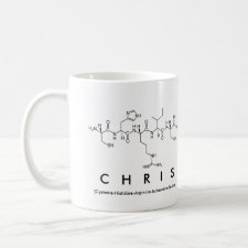 Mug featuring the name Chris spelled out in the single letter amino acid code