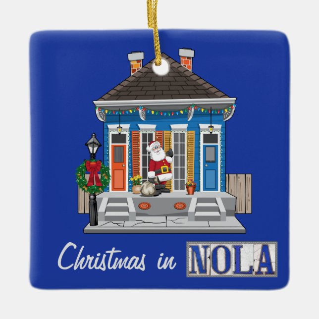 Chrismas in New Orleans Shotgun House Ceramic Ornament (Front)