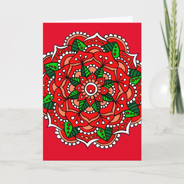 Chrismas Mandala Red Green Flower Holiday Card (Front)