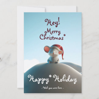 Chrismas santa hat mouse on snow mountain holiday card