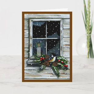 Chrismtas Candle in Old Barn Window: Artwork Holiday Card