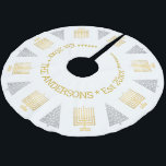 Chrismukkah Gold Menorahs Silver Trees Holiday Brushed Polyester Tree Skirt<br><div class="desc">Personalize this Chrismukkah holiday tree skirt designed with gold Menorahs for Hanukkah and silver trees for Christmas. Designed with blended families in mind who celebrate both Christmas and Hanukkah, the text on this gold and silver on white custom tree skirt is easy to customize. Add your name and established year...</div>