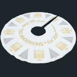 Chrismukkah Gold Menorahs Silver Trees Holiday Brushed Polyester Tree Skirt<br><div class="desc">Personalize this Chrismukkah holiday tree skirt designed with gold Menorahs for Hanukkah and silver trees for Christmas. Designed with blended families in mind who celebrate both Christmas and Hanukkah, the text on this gold and silver on white custom tree skirt is easy to customize. Add your name and established year...</div>