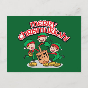 Chrismukkah greeting card with elves and dreidels