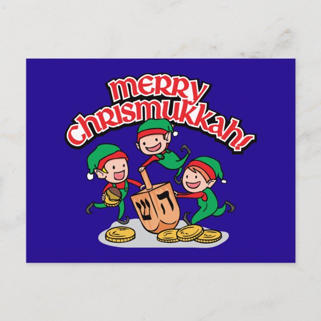 Chrismukkah Greeting with Elves and Dreidels Holiday Postcard (Front)