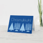 Chrismukkah Light Blue Holiday Add Your Photo<br><div class="desc">Add your favourite family photo to the inside of this charming Chrismukkah holiday card in pastel blue on rich royal blue. This elegant modern greeting card is designed for blended families who celebrate both Hanukkah and Christmas. The pale blue images of a Hanukkah Menorah and a Christmas Tree are repeated...</div>