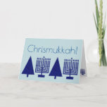 Chrismukkah Navy Blue Holiday Add Your Photo<br><div class="desc">Add your favourite family photo to the inside of this charming Chrismukkah holiday card in navy blue on pastel blue. This elegant modern greeting card is designed for blended families who celebrate both Hanukkah and Christmas. The dark navy blue images of a Hanukkah Menorah and a Christmas Tree are repeated...</div>