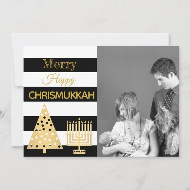 Chrismukkah Photo Black And White Stripes Gold Holiday Card (Front)