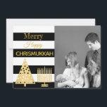 Chrismukkah Photo Black And White Stripes Gold Holiday Card<br><div class="desc">Add your photo to this fun Chrismukkah holiday card in a modern style of black and white stripes with gold accents for Christmas and Hanukkah combined. Merry Happy Chrismukkah! Replace the place holder photograph with your own family photo for a unique personalised card. The gold polka dots Christmas Tree and...</div>
