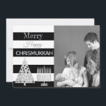 Chrismukkah Photo Black And White Stripes Silver Holiday Card<br><div class="desc">Add your photo to this fun Chrismukkah holiday card in a modern style of black and white stripes with silver accents for Christmas and Hanukkah. Merry Happy Chrismukkah! Replace the family photo place holder with your own photograph for a unique personalised card. The silver polka dots Christmas Tree and Menorah...</div>
