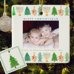 Chrismukkah Photo Personalised Holiday w/Year Ceramic Ornament<br><div class="desc">Happy Chrismukkah Christmas Hanukkah personalised Holiday ornament! Christmas Trees, Menorah's, and Dreidels adorn this photo personalised Holiday ornament. Add your family name and year. This elegant square holiday ornament design has a variety of watercolor pine trees, menorah's, and dreidels surrounding your photo. Happy Holidays greeting can be personalise with your...</div>