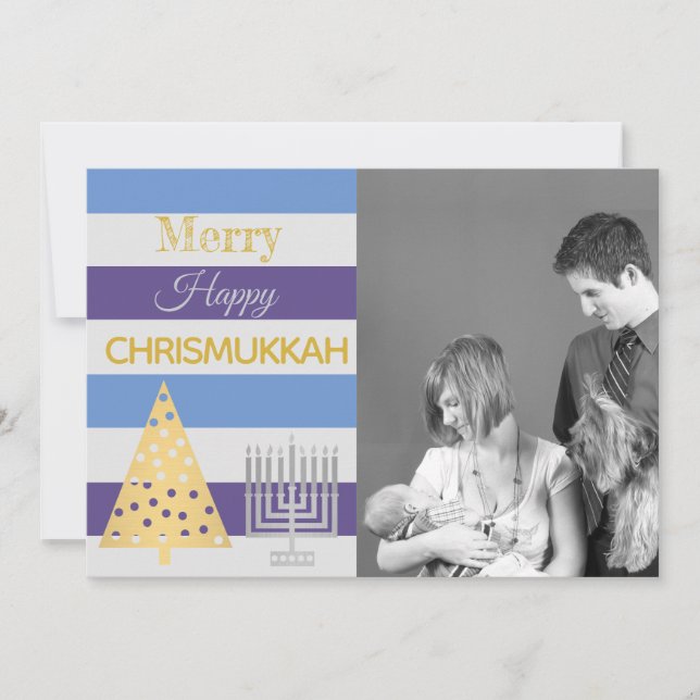 Chrismukkah Photo Silver Gold Colourful Stripes Holiday Card (Front)