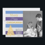 Chrismukkah Photo Silver Gold Colourful Stripes Holiday Card<br><div class="desc">Add your photo to this blended family Chrismukkah holiday card in a modern style of colourful blue, purple and light grey stripes with silver and gold accents. Merry Happy Chrismukkah! Replace the family photo place holder with your own photograph for a one of a kind personalised card. The gold Christmas...</div>