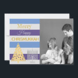 Chrismukkah Photo Silver Gold Colourful Stripes Holiday Card<br><div class="desc">Add your photo to this blended family Chrismukkah holiday card in a modern style of colourful blue, purple and light grey stripes with silver and gold accents. Merry Happy Chrismukkah! Replace the family photo place holder with your own photograph for a one of a kind personalised card. The gold Christmas...</div>