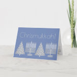 Chrismukkah Silver Blue Holiday Add Your Photo<br><div class="desc">Add your favourite family photo to the inside of this charming Chrismukkah holiday card in blue and silver. This elegant modern greeting card is designed for blended families who celebrate both Hanukkah and Christmas. My simulated silver tone images of a Hanukkah Menorah and a Christmas Tree are repeated inside the...</div>