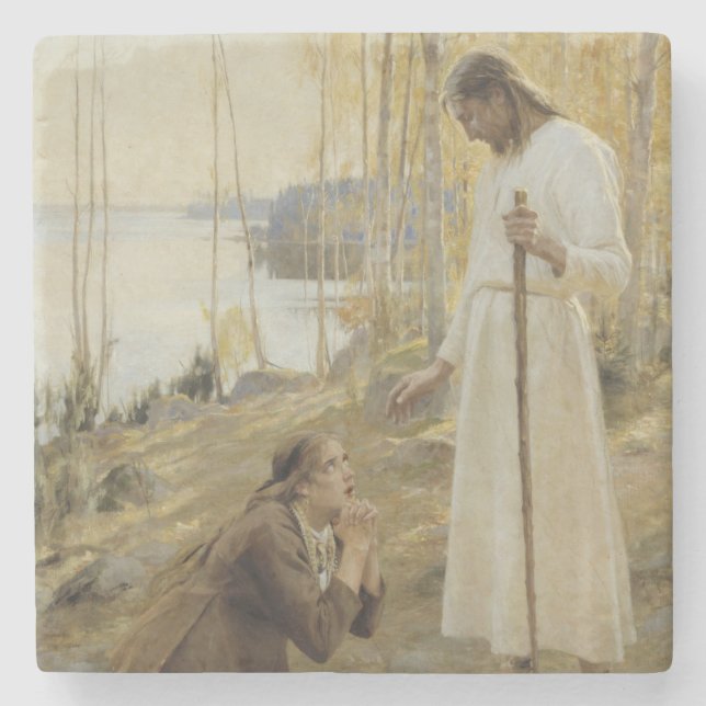 Christ and Mary Magdalene in Finnish Countryside Stone Coaster (Front)