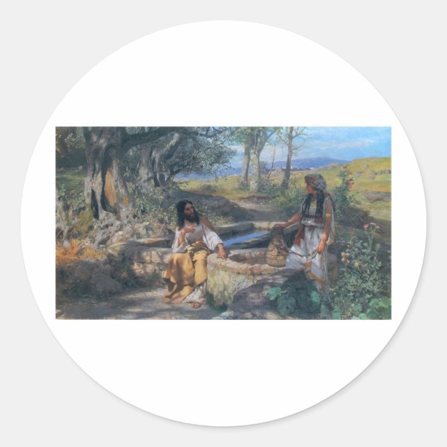 Christ and Samaritan woman circa 1890 Classic Round Sticker (Front)