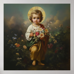 Christ Child Jesus with Flowers Catholic Religious Poster