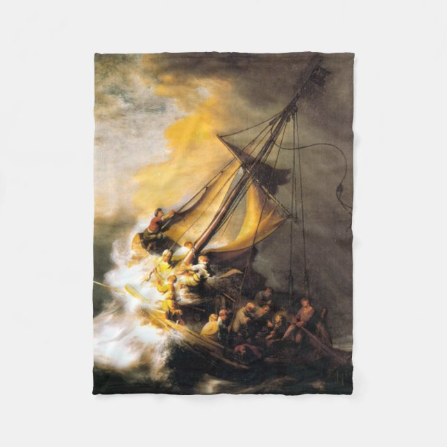 Christ in the Storm on Sea of Galilee- Rembrandt Fleece Blanket (Front)