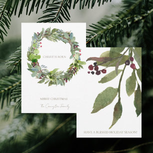 Christ is Born Christmas Greenery White Christmas Holiday Card