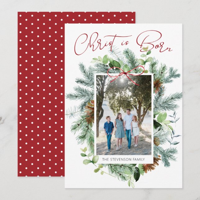 Christ is Born Photo Watercolor Greenery Holiday Card (Front/Back)