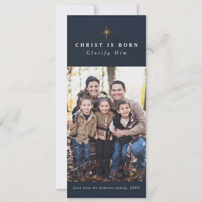 Christ is born religious Christmas photo card (Front)