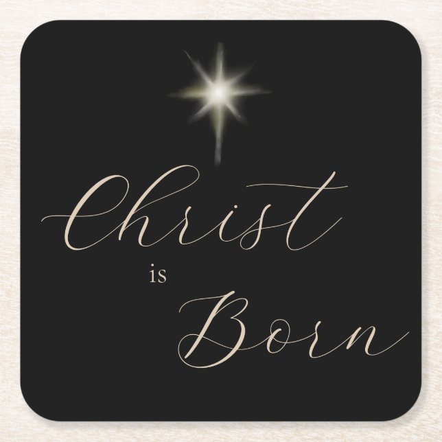 Christ is Born Religious Modern Black Christmas Square Paper Coaster (Front)
