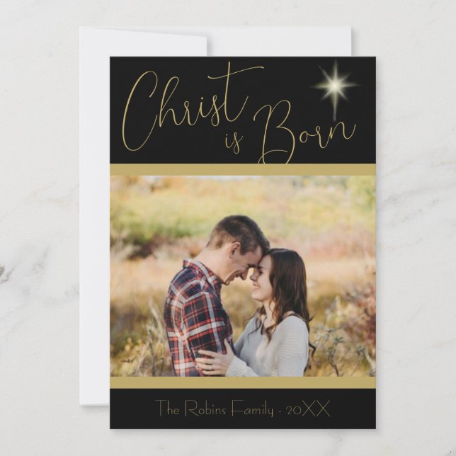 Christ is Born Scripture Black Gold Christmas Star Holiday Card (Front)