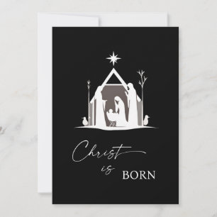 Christ is Born White Nativity Black Christmas Holiday Card