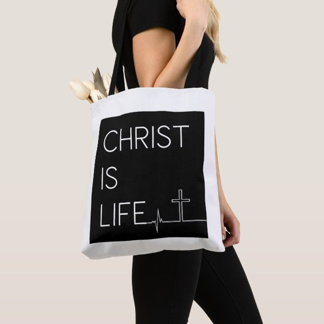 Christ Is Life Heartbeat Line and Cross Tote Bag (Close Up)