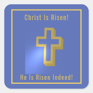 Christ is Risen Blue Gold Religious Cross Easter Square Sticker
