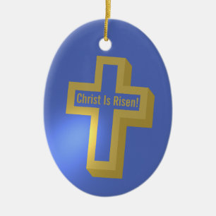 Christ Is Risen Gold Lit Christian Cross Easter Ceramic Tree Decoration