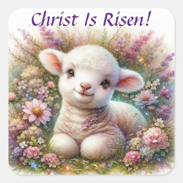 Christ Is Risen Watercolor Easter Lamb Flowers  Square Sticker (Front)