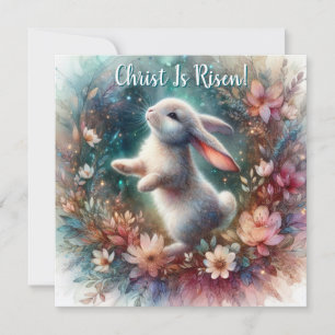 Christ Is Risen Watercolor Floral Bunny Easter Holiday Card