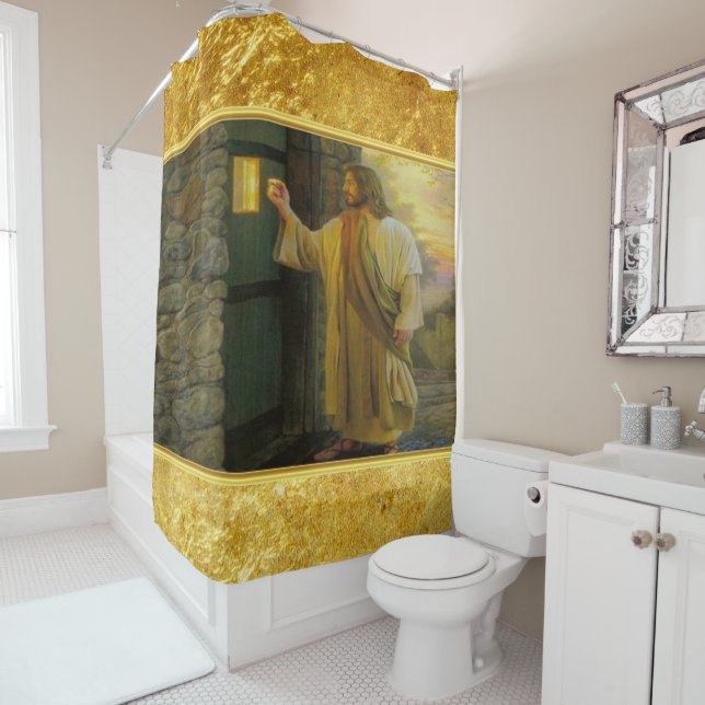 Christ Knocking on a Weathered Wooden Door Gold  Shower Curtain (In Situ)