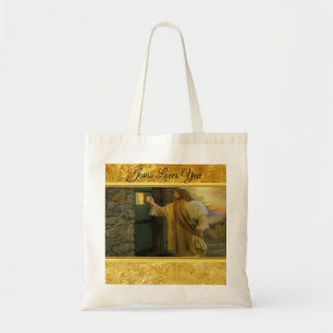 Christ Knocking on a Weathered Wooden Door Gold Tote Bag