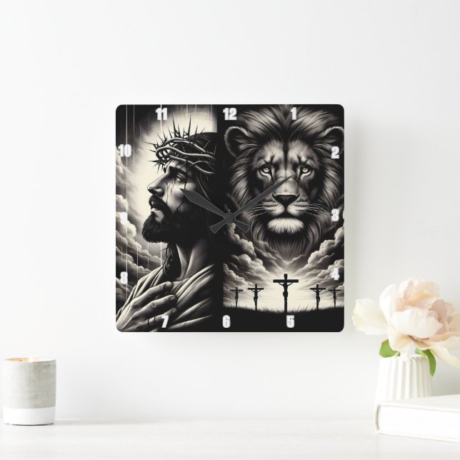 Christ Lion Jesus wearing a crown of thorns Square Wall Clock (Home)