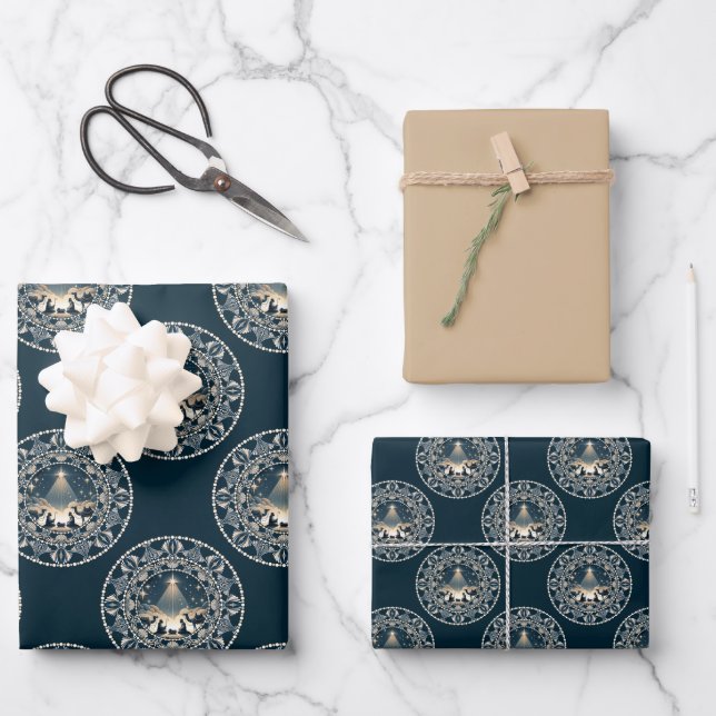 Christ Nativity Star of Wonder Polka Dot Mandala Wrapping Paper Sheet (Front)