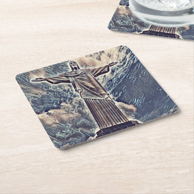 Christ the redeemer statue square paper coaster (Angled)