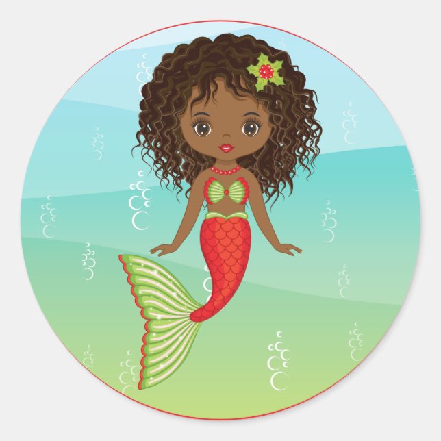 Christams African American Mermaid Round Sticker  (Front)