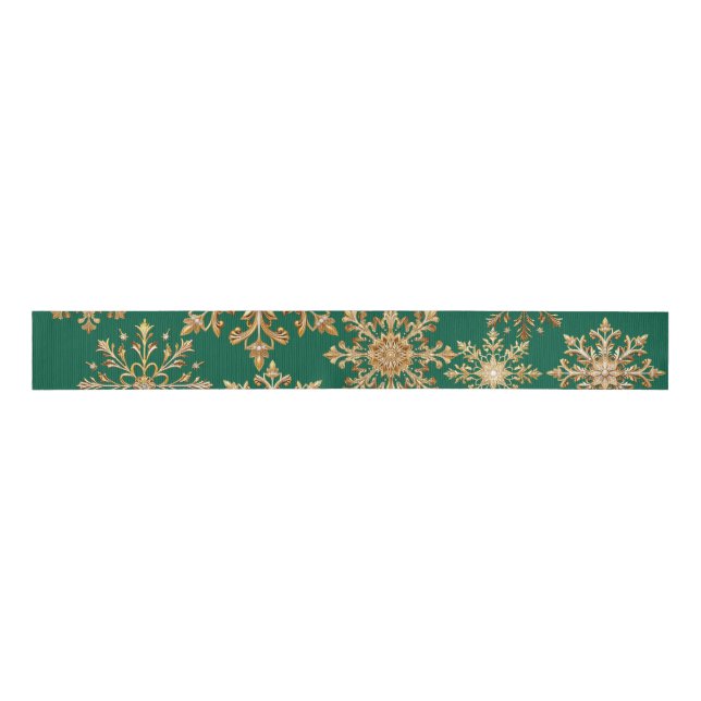 Christams Gold and Green Snowflake Wrapping paper Grosgrain Ribbon (Front)