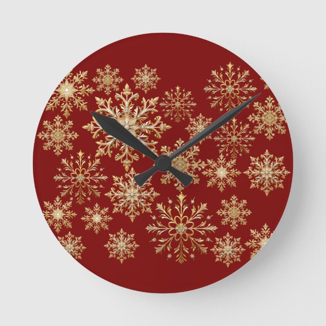 Christams Gold and Red Snowflake  Round Clock (Front)