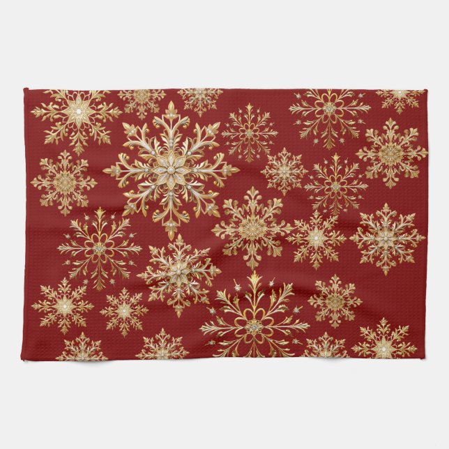Christams Gold and Red Snowflake  Tea Towel (Horizontal)