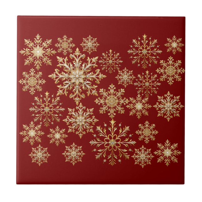 Christams Gold and Red Snowflake  Tile (Front)