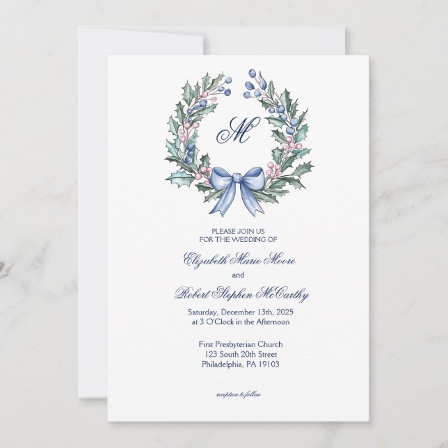 Christasm Pastel Holly Wedding Invitation (Front)