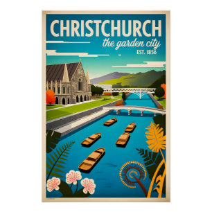Christchurch New Zealand Retro Travel Poster Art