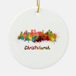 Christchurch skyline in watercolor ceramic tree decoration