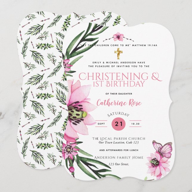 Christening and 1st Birthday Girls Pink Floral Invitation (Front/Back)